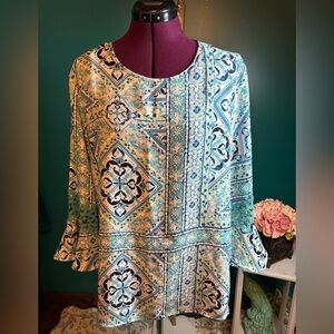 Valerie Stevens Blue and White Ruffled Bell Sleeve Blouse